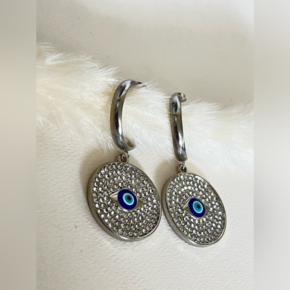 Elegant Evil Eye Pendant Hoops - Protection Evil Eye Zircon Hoop Earrings - Picture 5 of 9